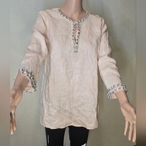 Brooks Brothers pink Linen embellished, pearls rhinestones tunic 8 woman top